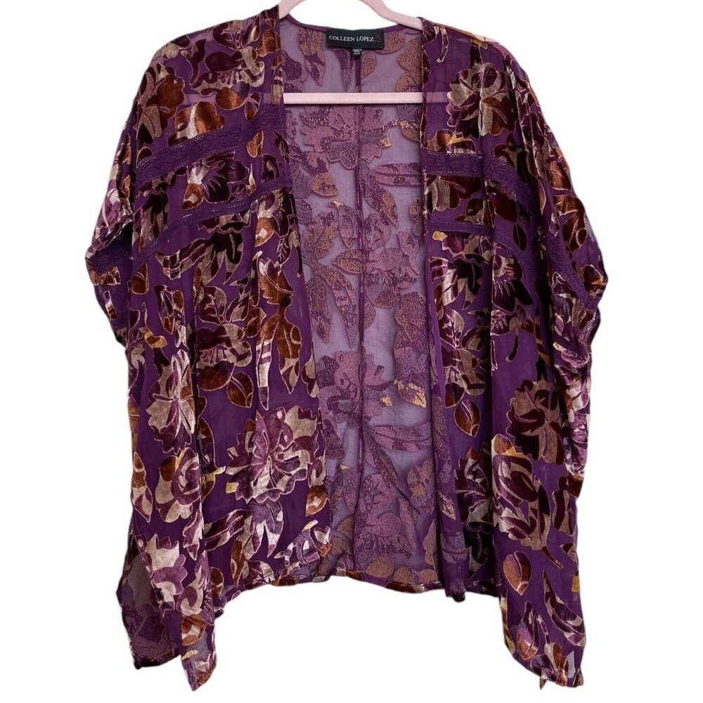 Colleen Lopez Jacket Womens Size XS Sheer‎ Floral Short Sleeve Open Front Velvet